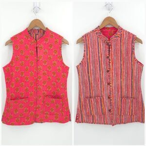 Quilted Reversible Vest Waistcoat Floral Pockets Mandarin Collar Eclectic 40